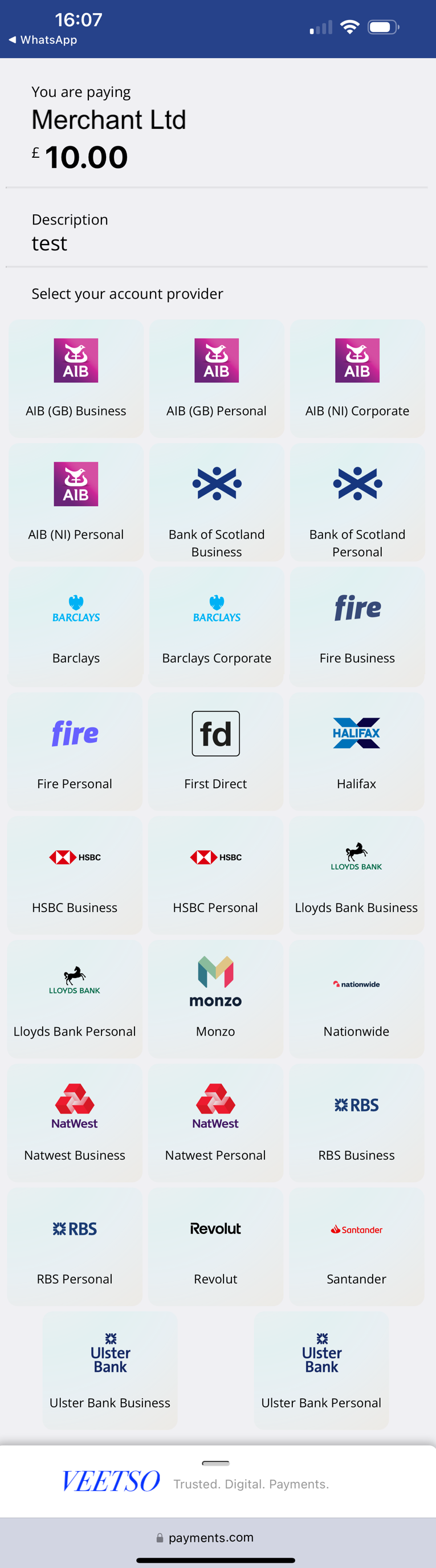 Veetso bank selection for open banking