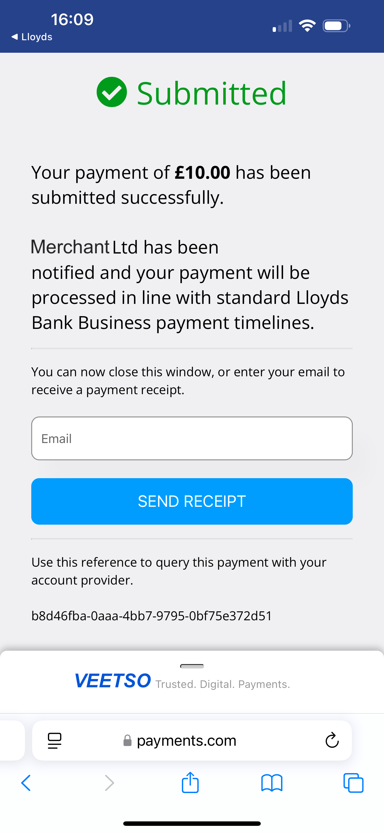 Veetso payer receipt and email option