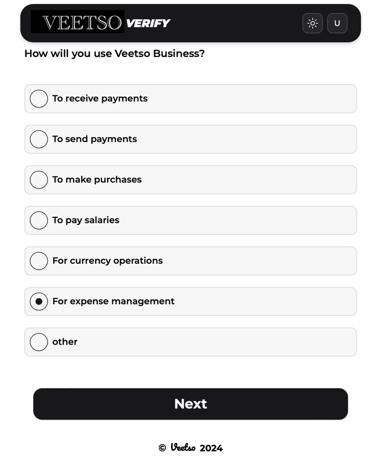 Veetso operating address confirmation