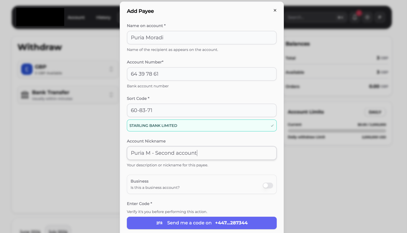 Veetso payee creation form