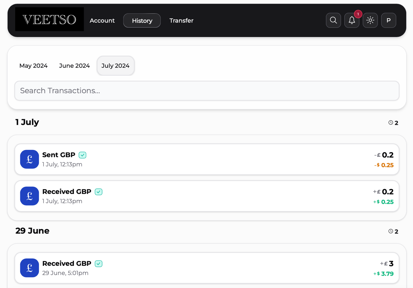 Veetso transaction search filters