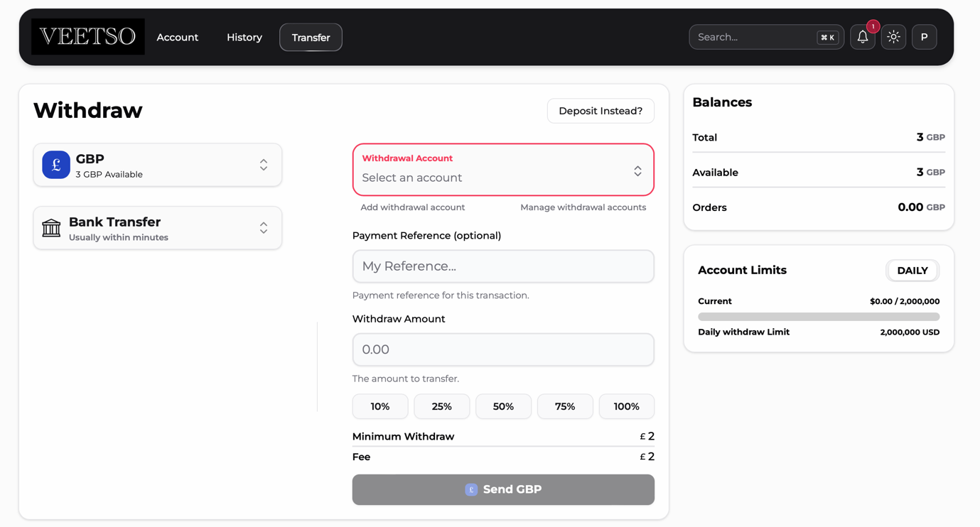 Veetso payee selection for withdrawal